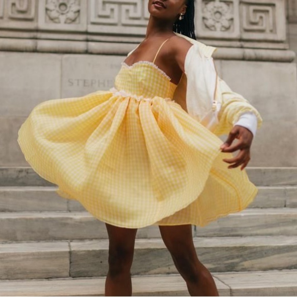 selkie buttercup yellow gingham rosebud dress 2X